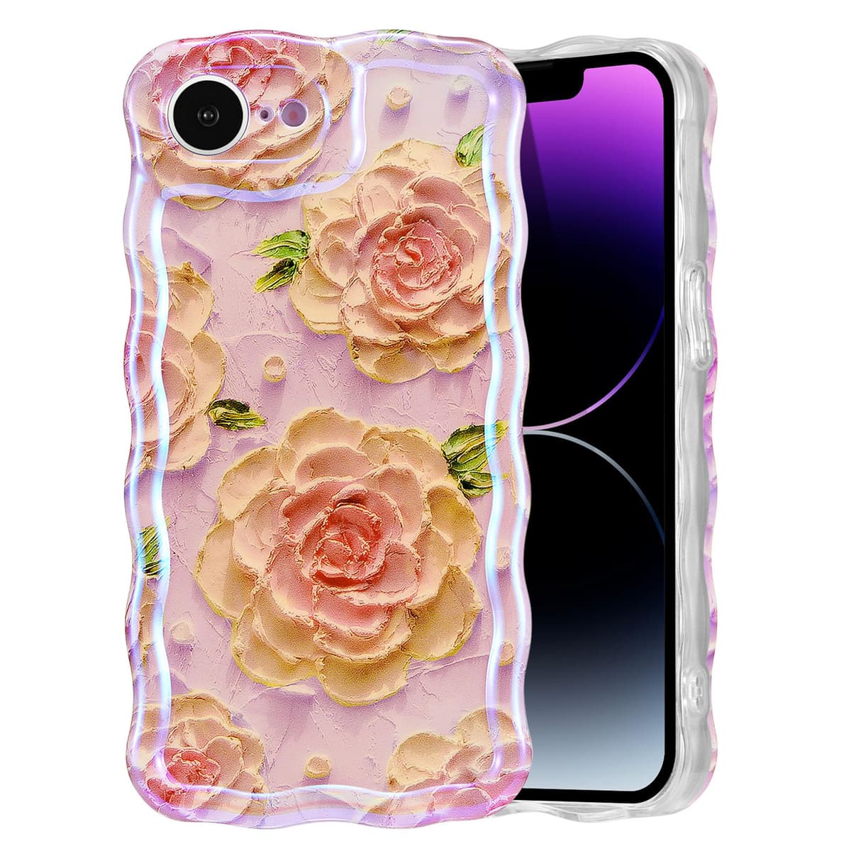 EYZUTAK Case for iPhone 16, Colorful Retro Oil Painting Printed Flower Laser Glossy Pattern Cute Curly Wave Edge Exquisite Phone Cover Stylish Durable TPU Protective Case for Girl Women-Green — view 85