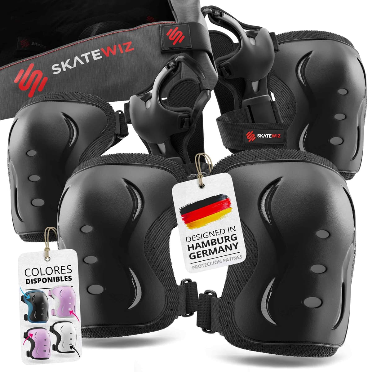 SKATEWIZ Protecciones Patines Set - Para Niño, Niña, Adolescentes y Adultos [6 piezas] con Rodilleras y Coderas Muñequeras - Protecciones Patines Niño