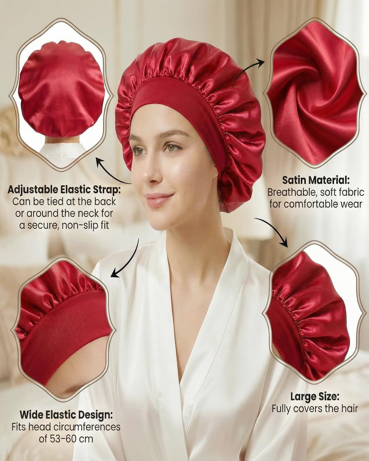lulir Gorro de Seda para Dormir 2 Piezas - Gorro Saten Pelo Rizado con 2 Coleteros, Silk Bonnet Ajustable con Banda Elástica, Suave Antifrizz Cuidado del Cabello, para Mujer y Niña — view 3