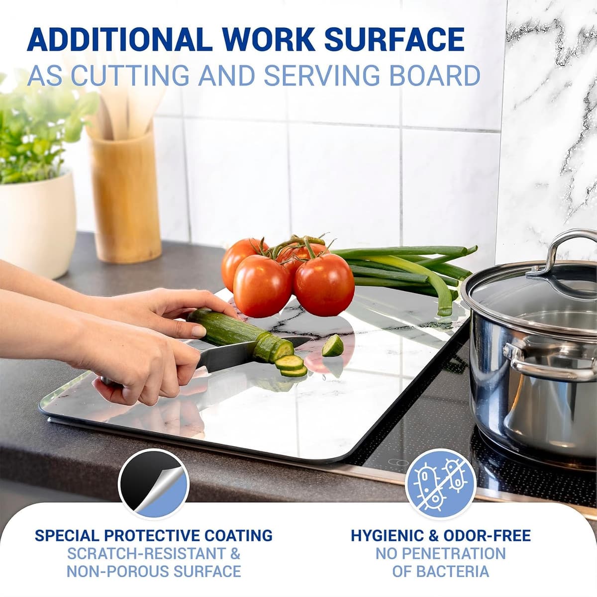 WENKO Placas protectoras para cocina Mod Mármol, ajustable en altura para todo tipo de cocinas, tabla de cortar y protector contra salpicaduras, vidrio, 30 x 52 cm, juego de 2 — view 3