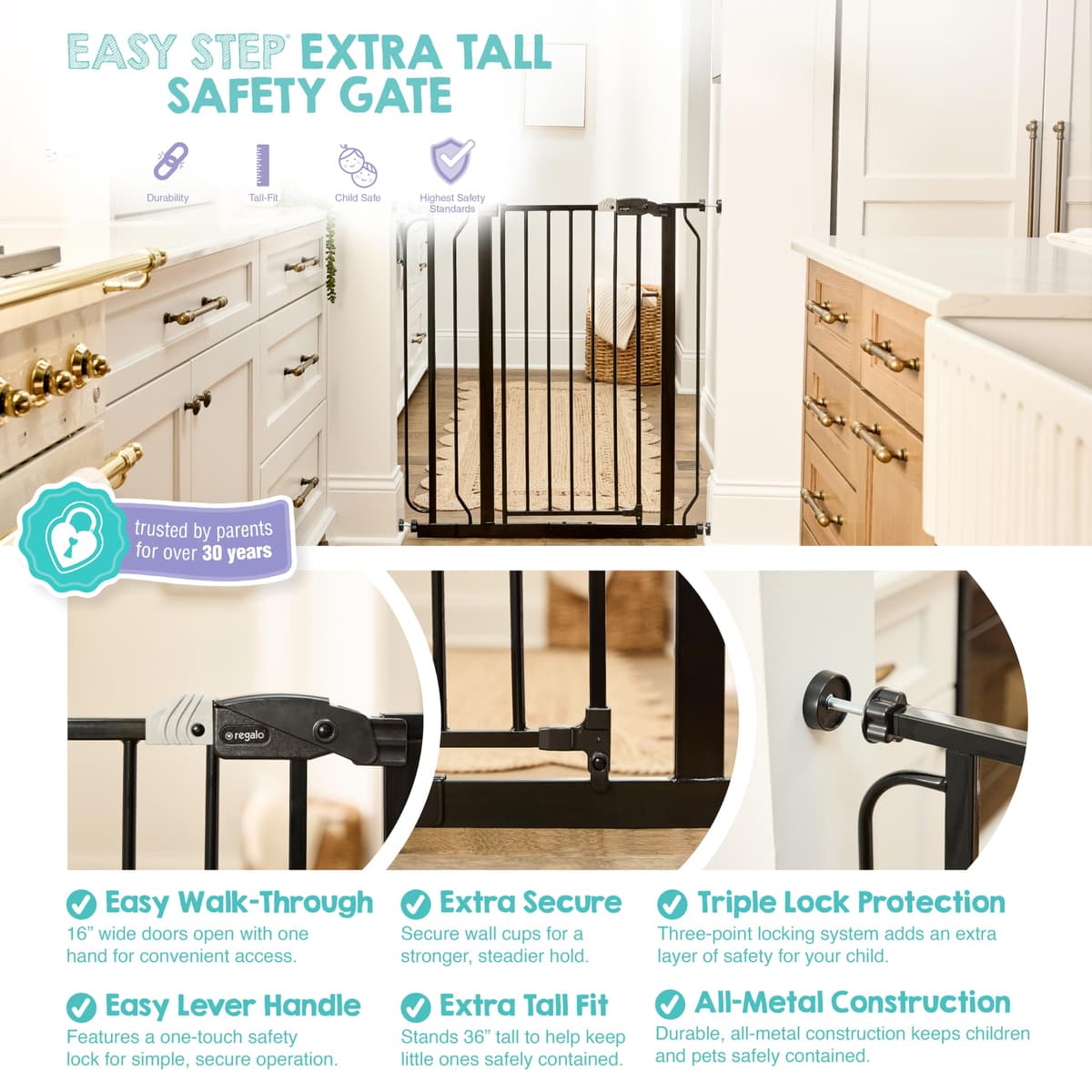 Regalo Easy Step Walk Thru Baby Safety Gate with Included Extension Kit (104 cm, Black) — view 4
