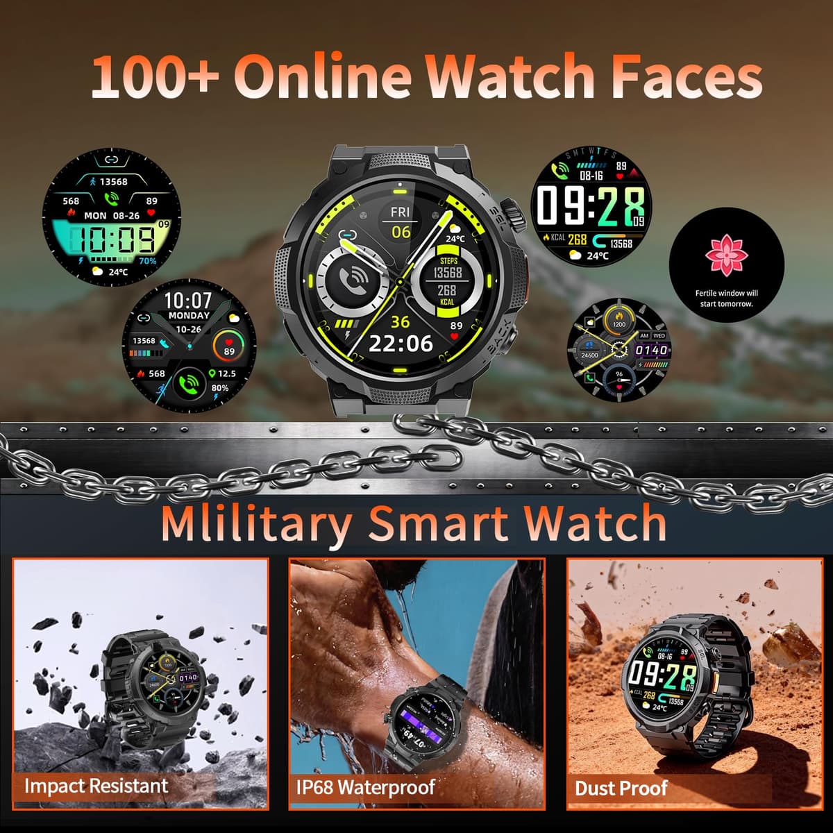 Smart Watches for Men (Answer/Make Call), 1.53" HD Military Smartwatch, 50+ Days Extra-Long Battery Life Fitness Watch , Flashlight/110+Sports/Heart Rate/Sleep Monitor/IP68 Waterproof Android iOS — view 7