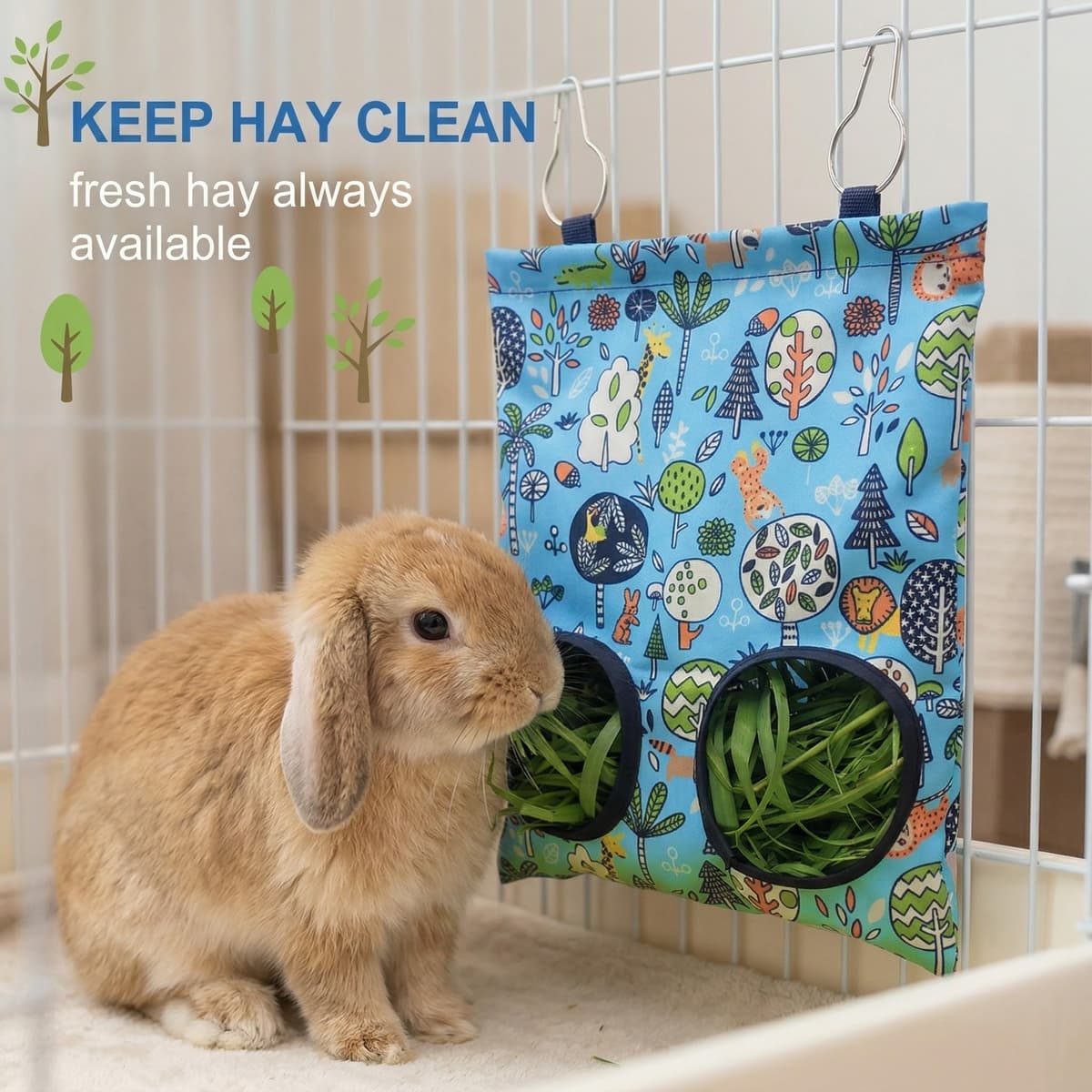 Bolsa de Heno para Conejos y Cobayas con 2 Agujeros, Comedero de Tela Lavable para Mascotas Pequeñas, Dispensador de Heno Colgante para Chinchillas y Hámsteres, Diseño Bosque Azul — view 2