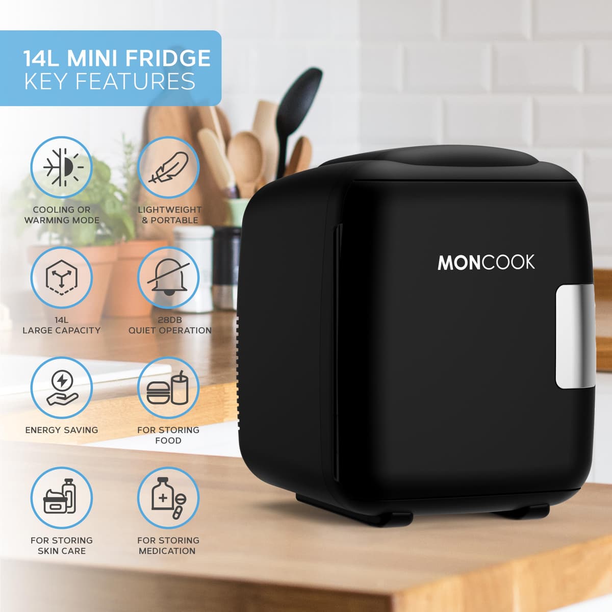 MONCOOK Mini Fridge For Bedrooms - Small, Portable & Quiet Mini Fridges For Skincare, Medicine, Food & Drinks - Cooling & Warming Function - Perfect For Home, Office, Car Or Travel - 14L - Black Mono — view 2