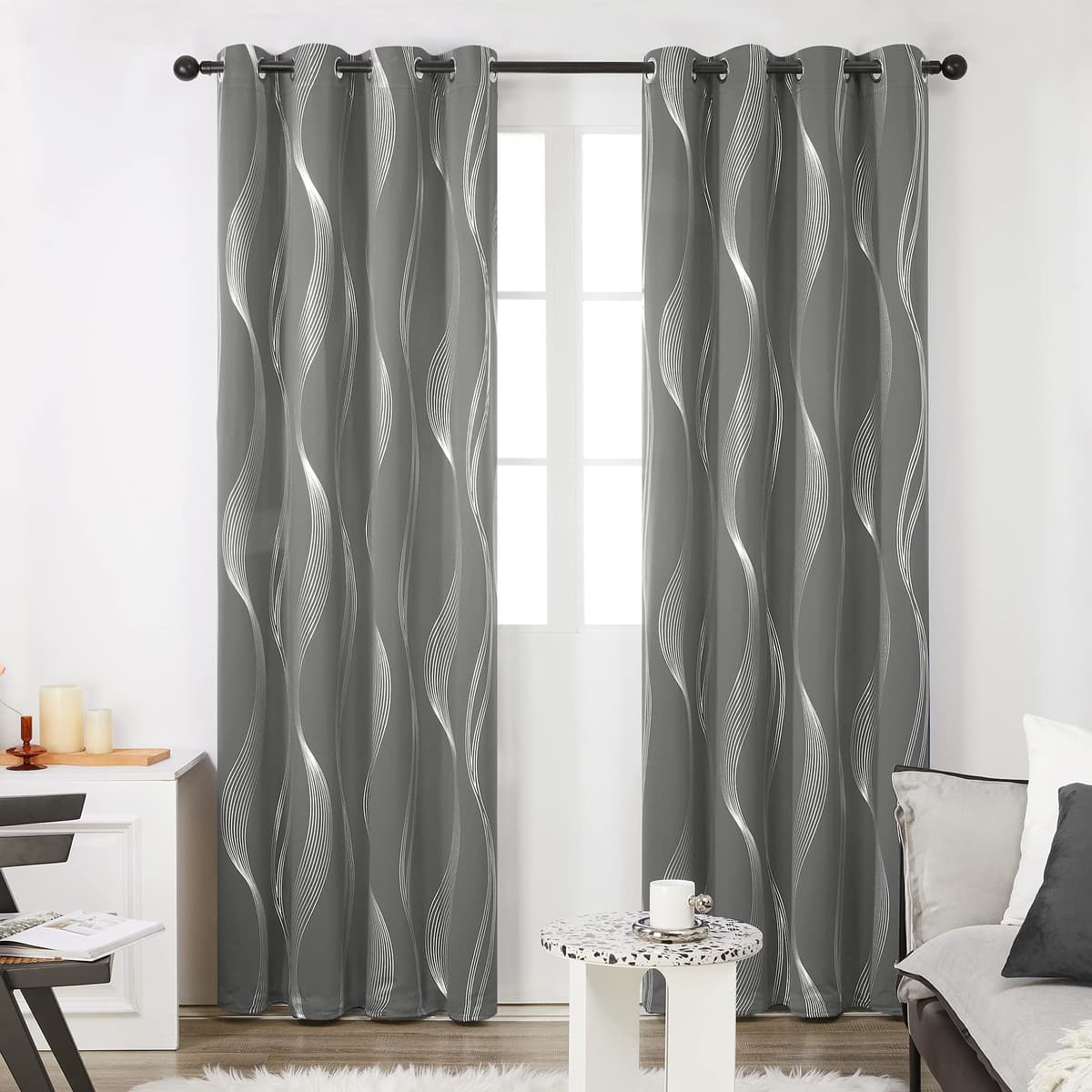 Deconovo Grey Curtains 46 x 54 Inch Foil Printed Wave Line Room Darkening Curtains Thermal Insulated Energy Saving Super Soft Eyelet Blackout Curtains for Bedroom Light Grey 2 Panels — view 2