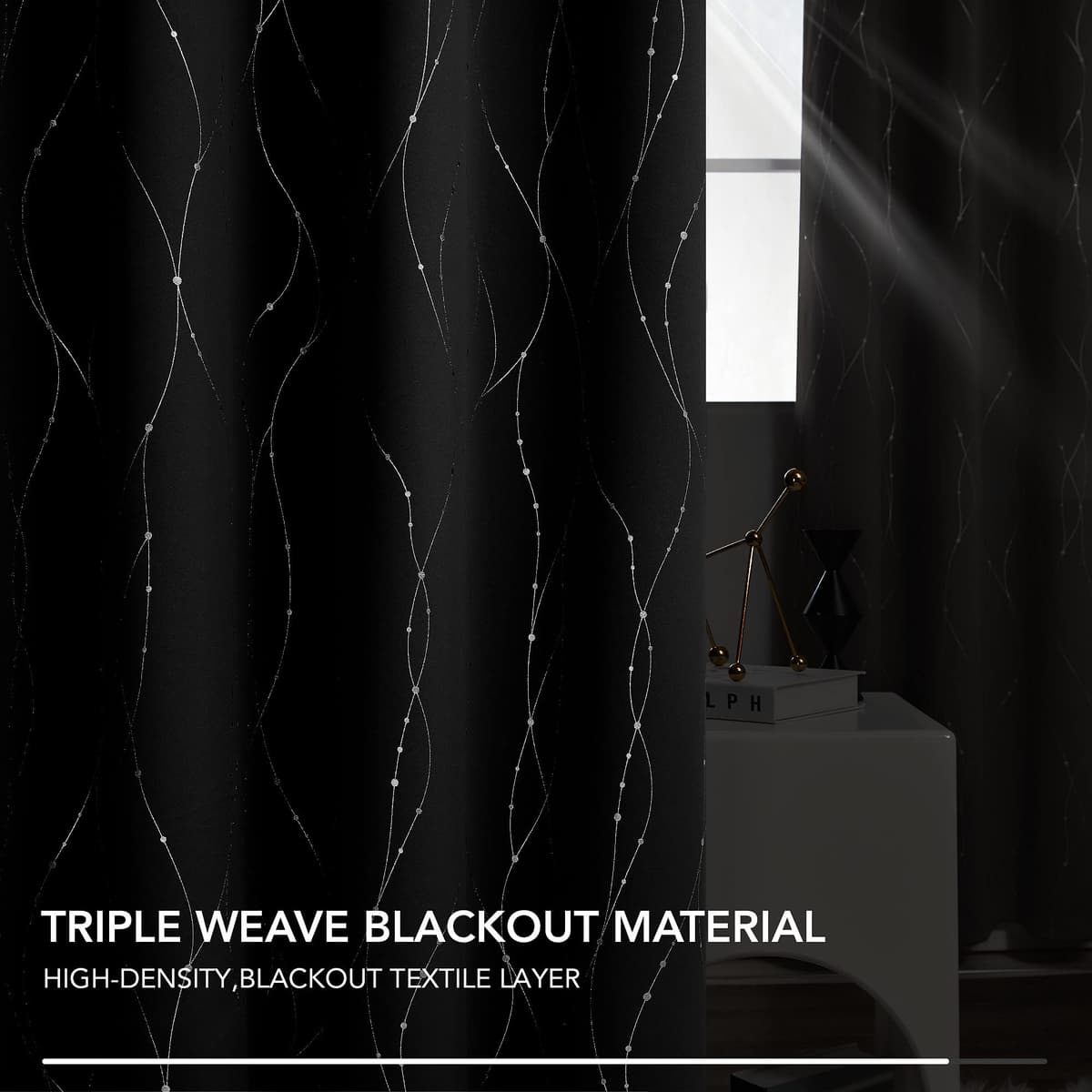 Deconovo Bedroom Curtains Dotted Line Foil Printed Thermal Insulated Window Treatment Eyelet Blackout Curtains for Livingroom 46 x 54 Inch Black Two Panels — view 5