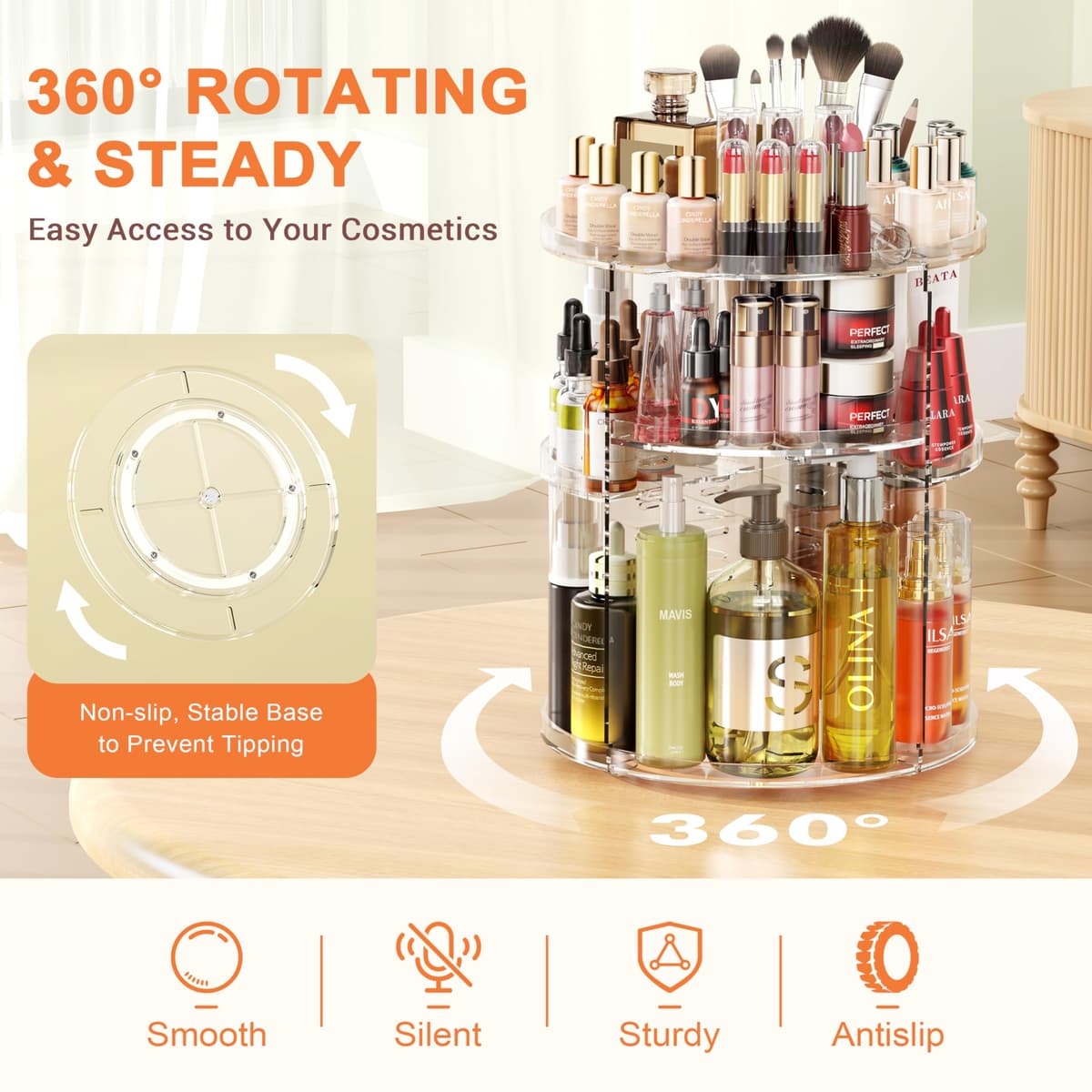 Auxmir Rotating Makeup Organiser, 9-Tier Adjustable Makeup Organiser with 360 Degree Rotation, Large Capacity Spinning Makeup Storage on Stand Revolving for Vanity Table, Bedroom, Bathroom — view 2