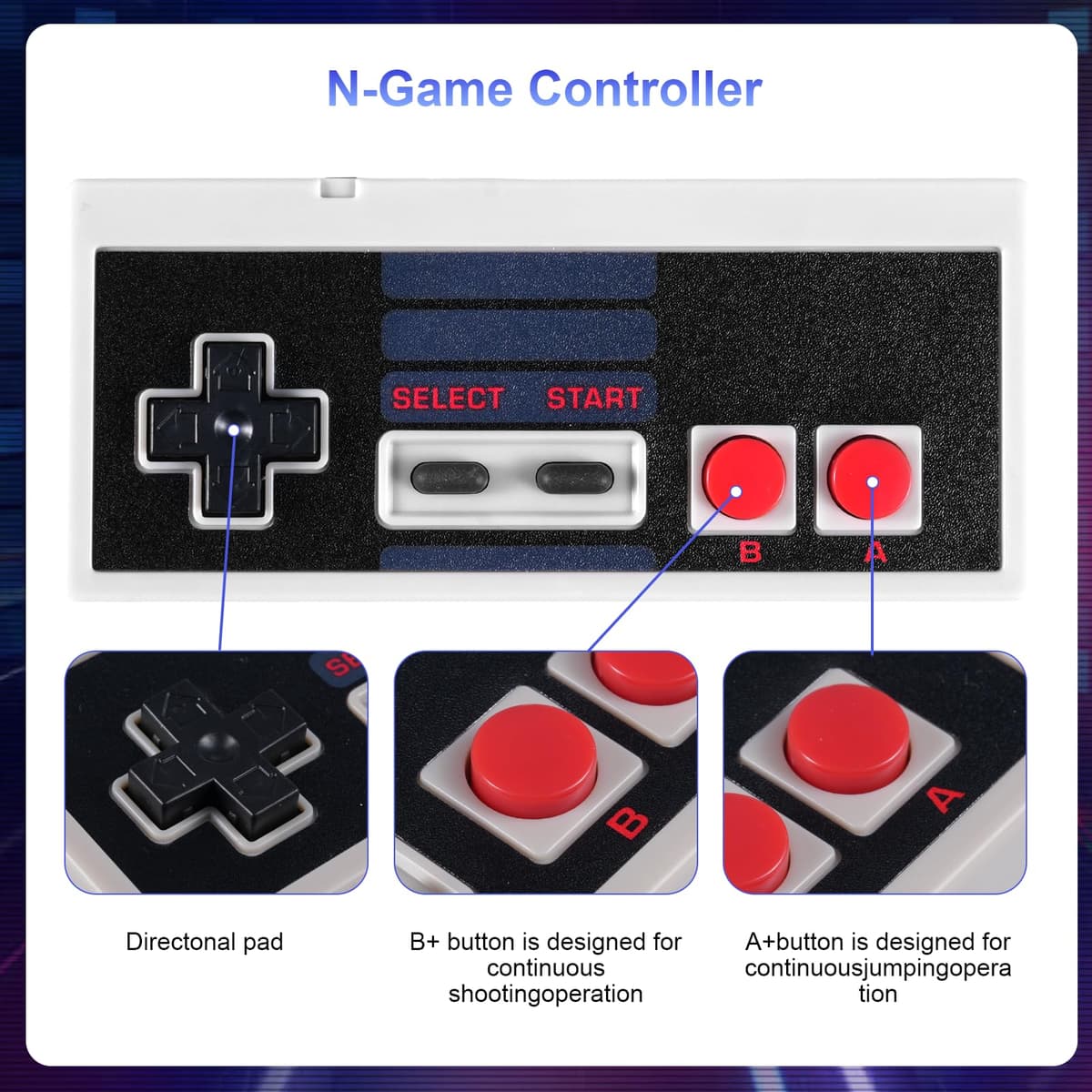 Binghe NES Game Controller, Controlador de juegos NES con USB Interfaz Modelo clásico Compatible con Nintendo NES/PC/M-A-C/Raspberry Pi 3(2 Piezas) — view 2