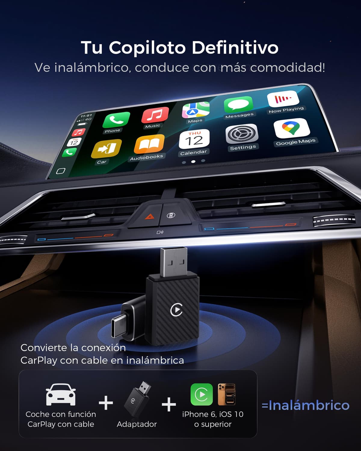 【2026 Mejorada】 Adaptador CarPlay Inalámbrico, Bluetooth V5.4 Conexión Estable, WiFi 6 de Doble Banda de Alta Velocidad, USB A/C, para Apple iPhone iOS 10+ — view 2
