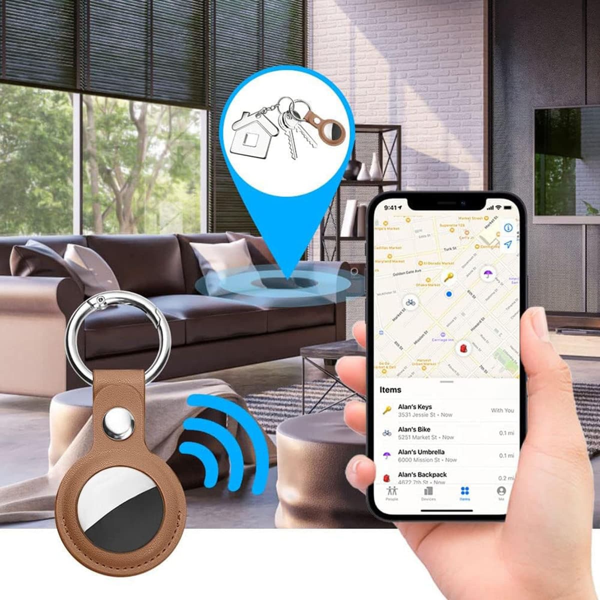 Ainiv Llavero para AirTag, 1 Pieza Llaveros para AirTag Funda Protectora, PU Localizador Portátil Antipérdida, Protectora de Cuero Funda Bluetooth Tracker Mascotas y Mochilas — view 5
