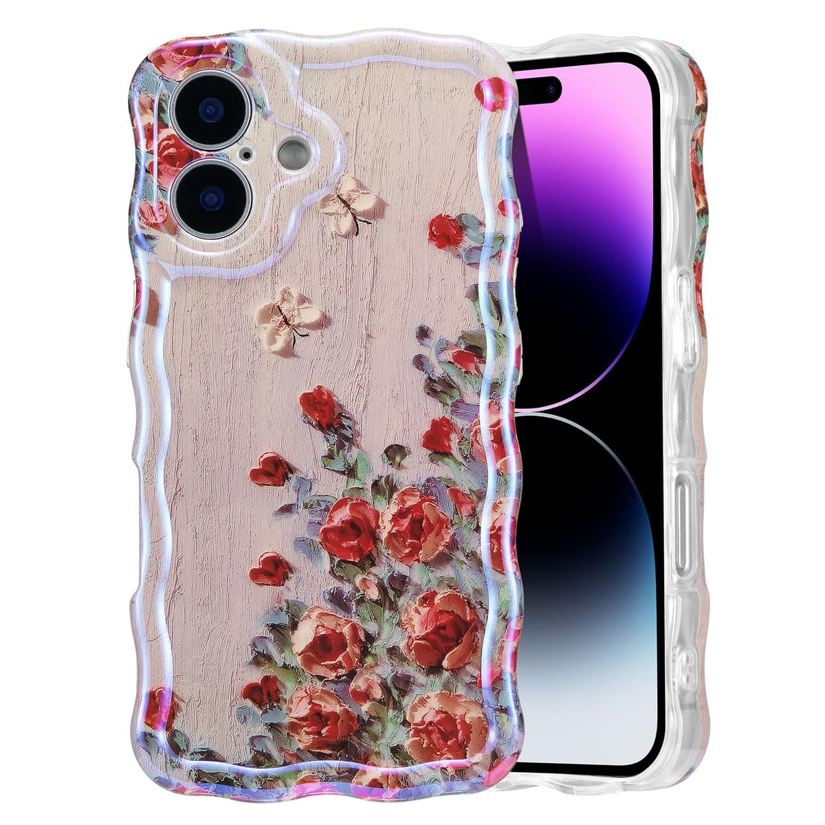 EYZUTAK Case for iPhone 16, Colorful Retro Oil Painting Printed Flower Laser Glossy Pattern Cute Curly Wave Edge Exquisite Phone Cover Stylish Durable TPU Protective Case for Girl Women-Green — view 46