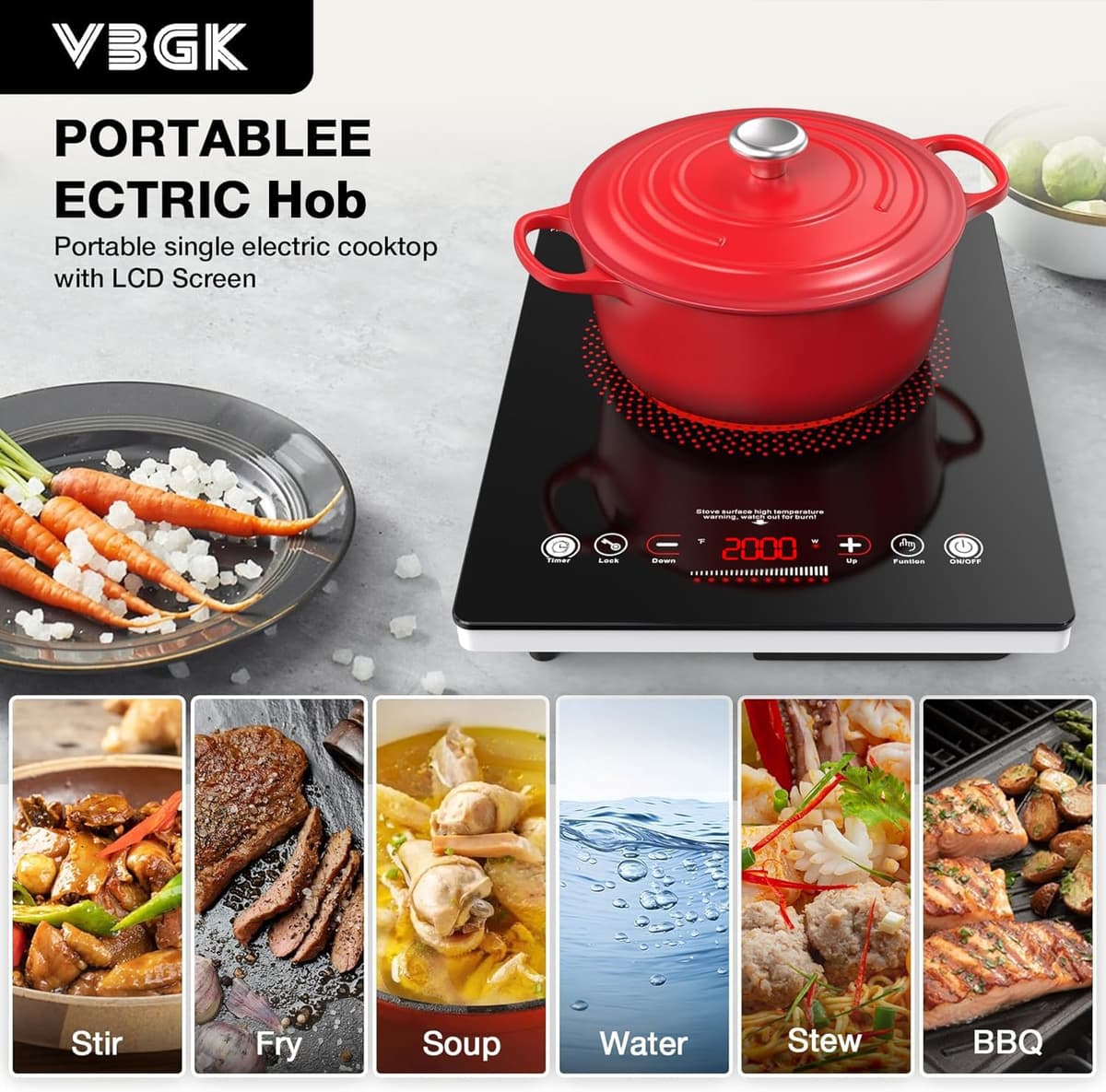 VBGK Electric Ceramic Hob with Plug-in, Single Electric Hob, Single Cooking Zone with LCD Touch Screen, 4-Hour Timer, 9 Power Levels Up to 2000W, Safety Lock, 220-240V — view 4
