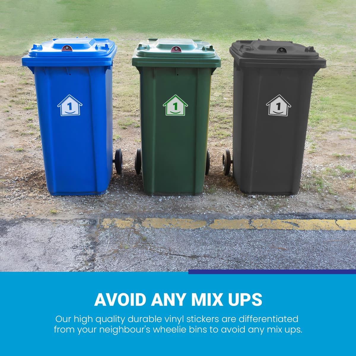 3 x Bin Numbers for Wheelie Bins, 1-99, 15cm ‘Happy House’ Colour Design Dustbin Stickers, Easy Application Stick On Number Stickers - Weatherproof Self Adhesive Vinyl – Blue, Black and Green (1) — view 3