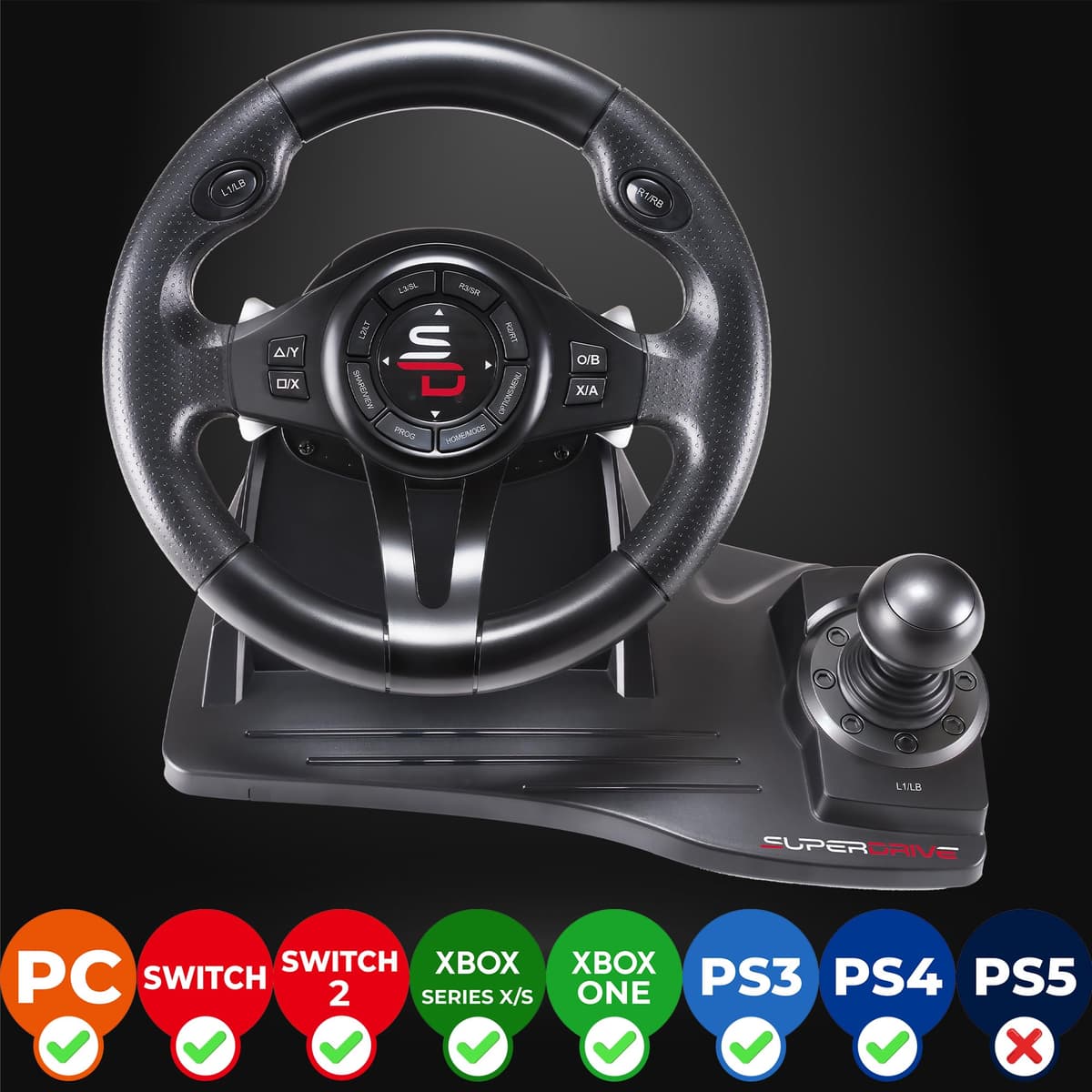 Subsonic - Volante Superdrive GS550 - Volante de carreras con Palanca de Cambios, Levas y Pedales. Rotación de 270° y Vibraciones. Para Switch 2 / Switch, PS4, Xbox Series X/S, Xbox One y PC - Negro — view 2