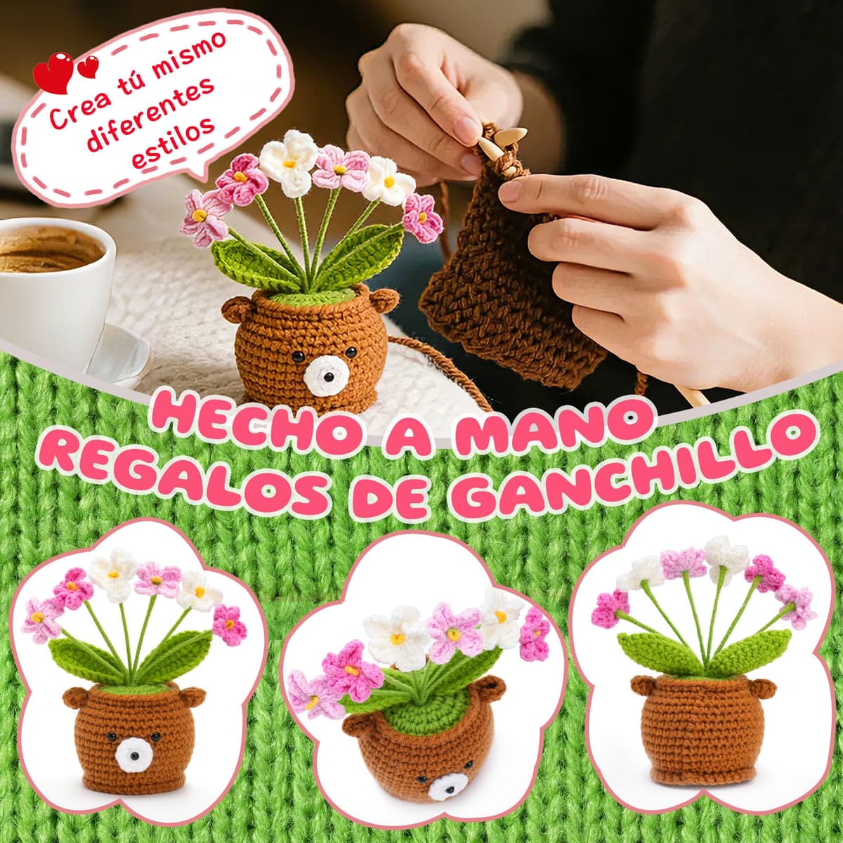 Regalo Día de la Madre, Regalo Mamá Flores de Crochet Ositos Peluche, Regalo Cumpleaños Madre, Tarjeta de Regalo Adjunta - la mejor Mamá del mundo, Te quiero mamá, Bolsita con Estampado Delicado — view 4
