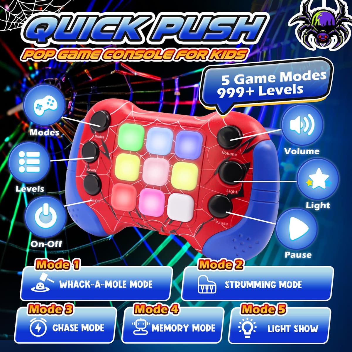 Spider Toys for 6 7 8 9 Year Old Boys Girls: Quick Push Pop Game Sensory Fidget Toys Gifts for Boys Age 5 6 7 8 9, Handheld Games Consoles Autism Birthday Presents for Girls Kids Teen Age 3-12 — view 2