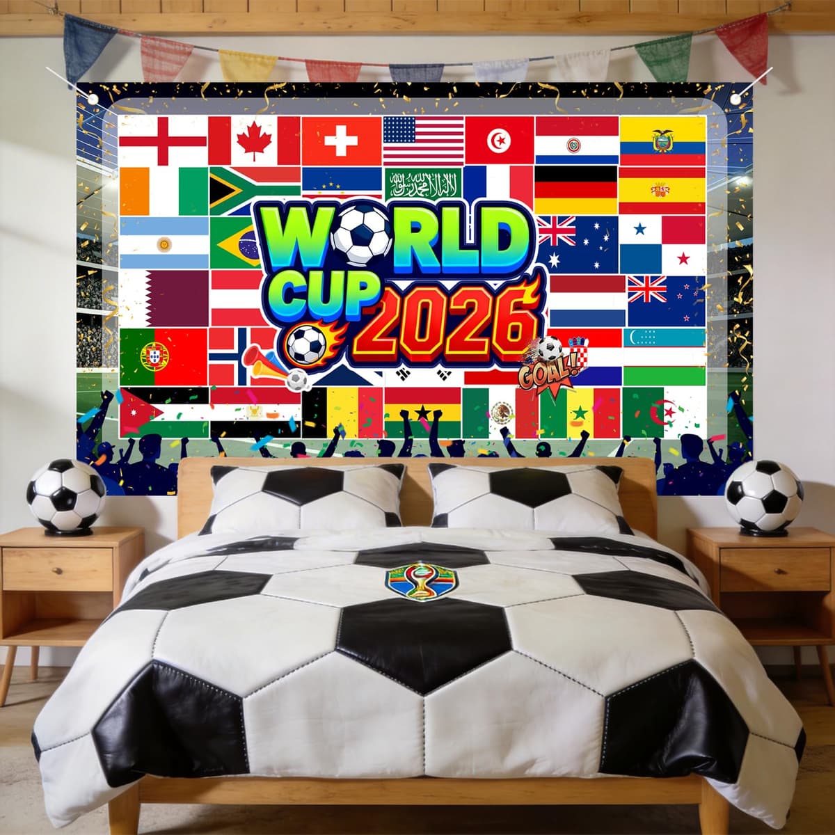 Large 110 x 180 cm World Cup Football 2026 Flag, World Cup Wall Chart Banner Soccer Stadium Atmosphere Background with National Flags Ball Indoor Outdoor Party Garden Home Fan Decor — view 5