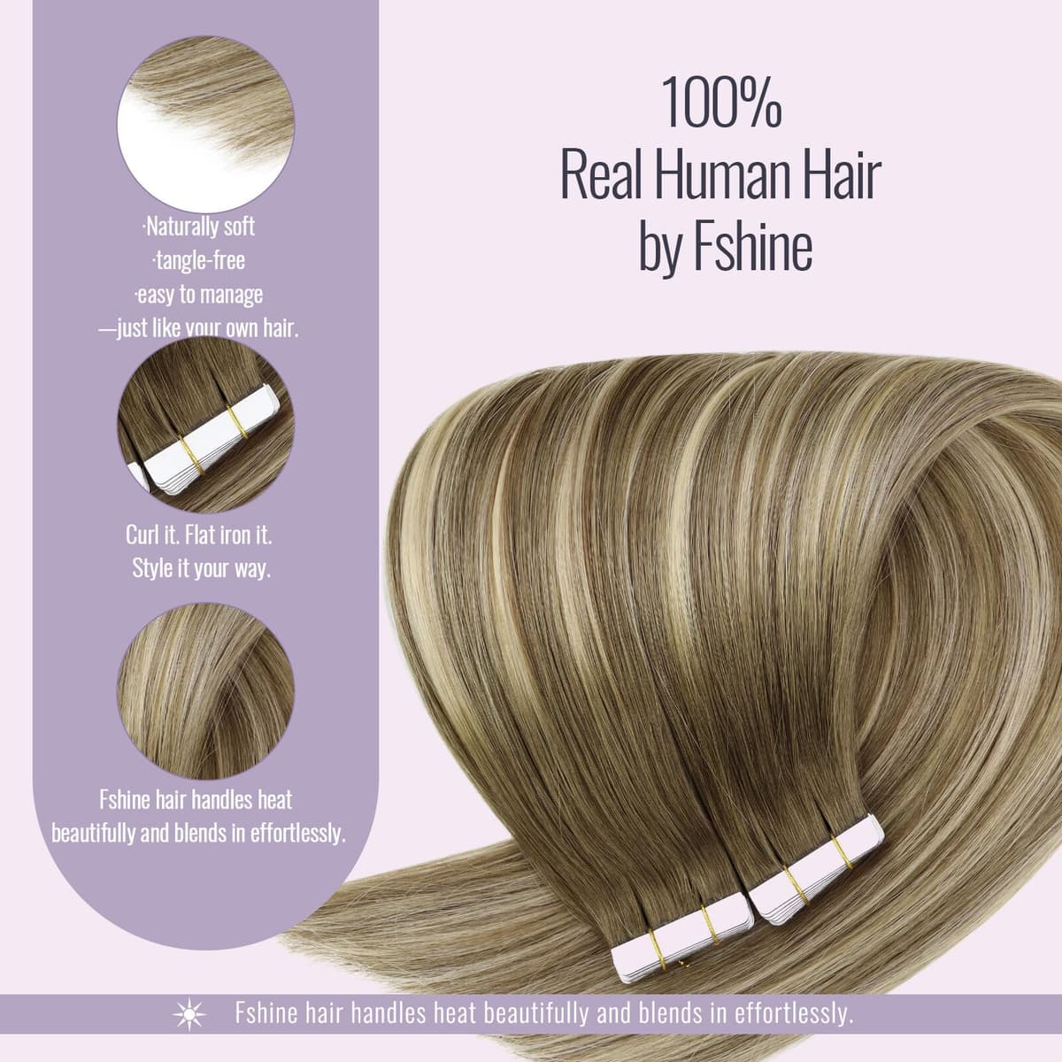 Fshine Extensiones Adhesivas Pelo Natural 20 Pulgadas 50g Cabello Humano Marrón Claro Balayage Rubio Y Marrón Claro Cinta 20Pcs Liso Color 6 60 6 — view 4