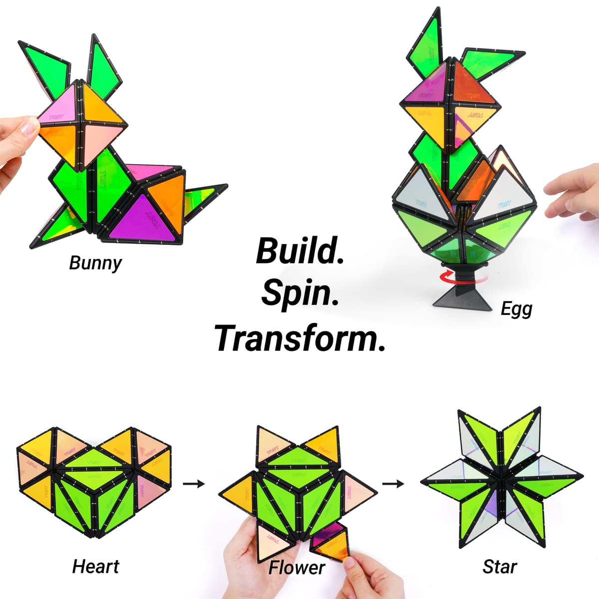 TOSY Magnet Pyramid Glow - 1 Cube Transforms into 1 Billion Shapes (Bunny, Egg Basket, Flowers, Heart), Easter Birthday Gift, 12 pcs, 243 Magnets, Glowing, Holographic Design, Puzzle/STEM Toy — view 4