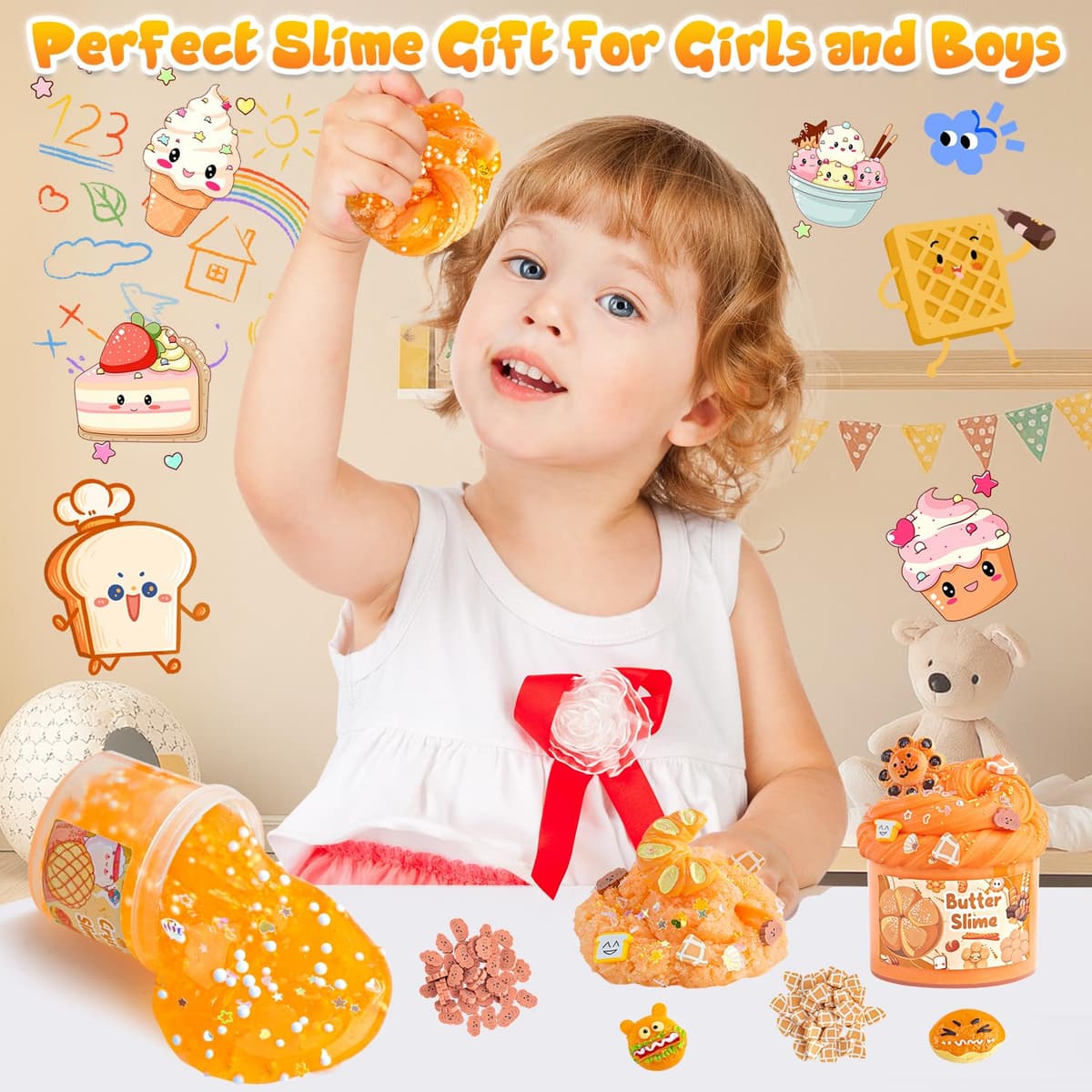LAWOHO 6 Paquetes de Naranja Slime Kit - Nube, Mantequilla & Claro, Crujiente para Niños con Varios Complementos, Fiesta de Slime para Niñas y Niños, 360ml — view 8