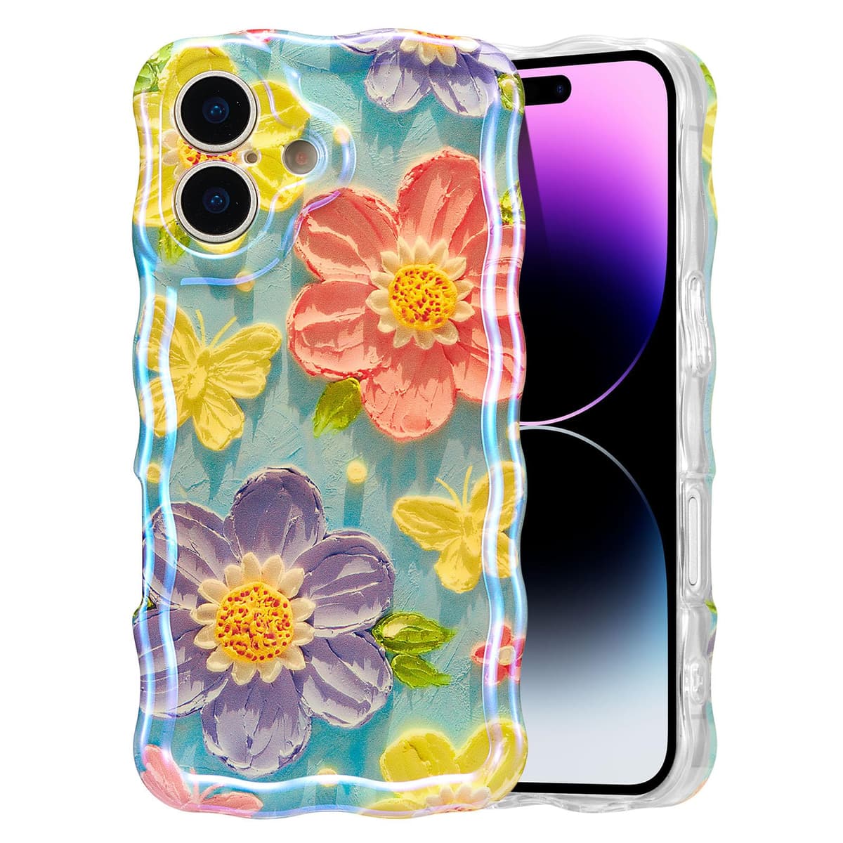 EYZUTAK Case for iPhone 16, Colorful Retro Oil Painting Printed Flower Laser Glossy Pattern Cute Curly Wave Edge Exquisite Phone Cover Stylish Durable TPU Protective Case for Girl Women-Green — view 70