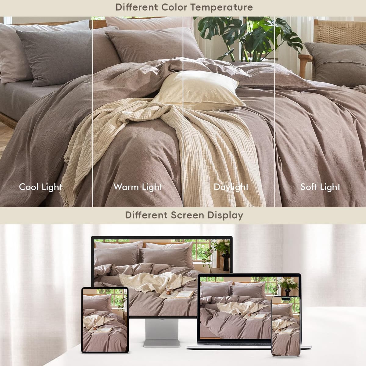 MooMee Bedding Duvet Cover Set 100% Washed Cotton Linen Like Textured Breathable Durable Soft Comfy (Tannish Linen Grey, King) — view 26