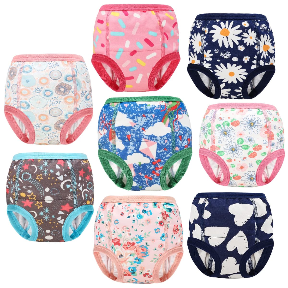 FLYISH DIRECT Potty Training Pants for Girls, 100% Cotton Potty Trainer Pants for Toddlers, Reusable Toilet Training Underwear, 8 Packs, Pink Flowers, 2 Years
