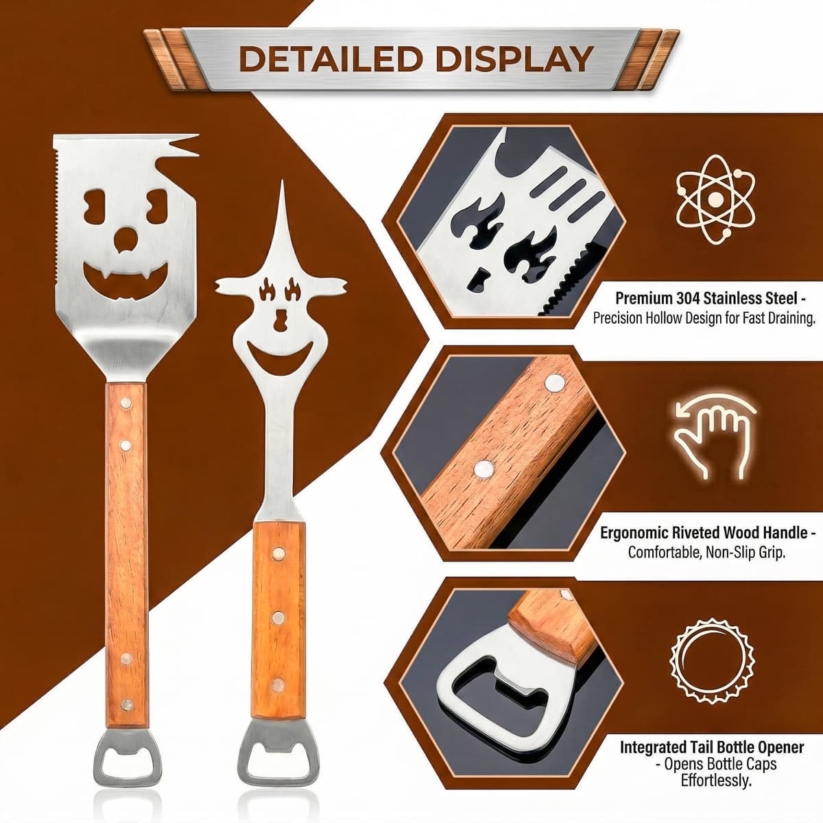 8 in 1 Multifunction BBQ Tools Set, Stainless Steel Spatula with Wooden Handle, Fork & Bottle Opener, BBQ Accessories & BBQ Gifts for Men, Gifts for Dad/Husband — view 3