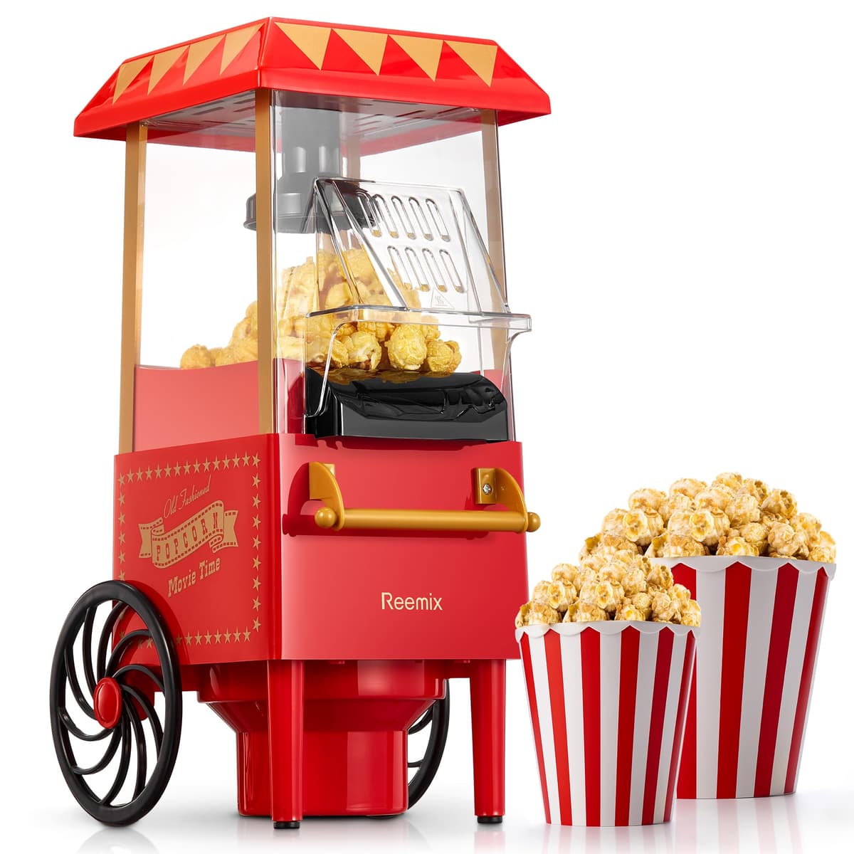 Popcorn Maker, Reemix Popcorn Machine, Retro Design, 1200W Popcorn Machine without Oil or Butter, Easy to Use and Clean, Safe and Durable, Ideal for Parties