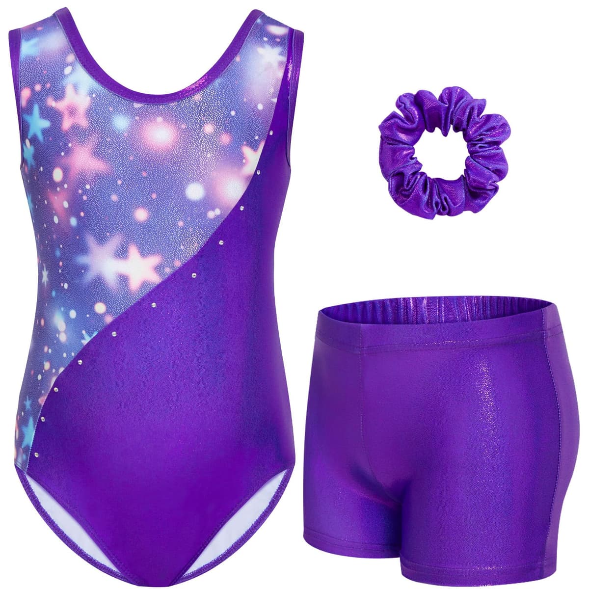 Gogokids Conjunto de gimnasia de tres piezas para niña, cuello en Y, sin mangas, con pantalones cortos y diadema, traje de gimnasia con diseño de bloques de color azul y morado, 3-12 años — view 21