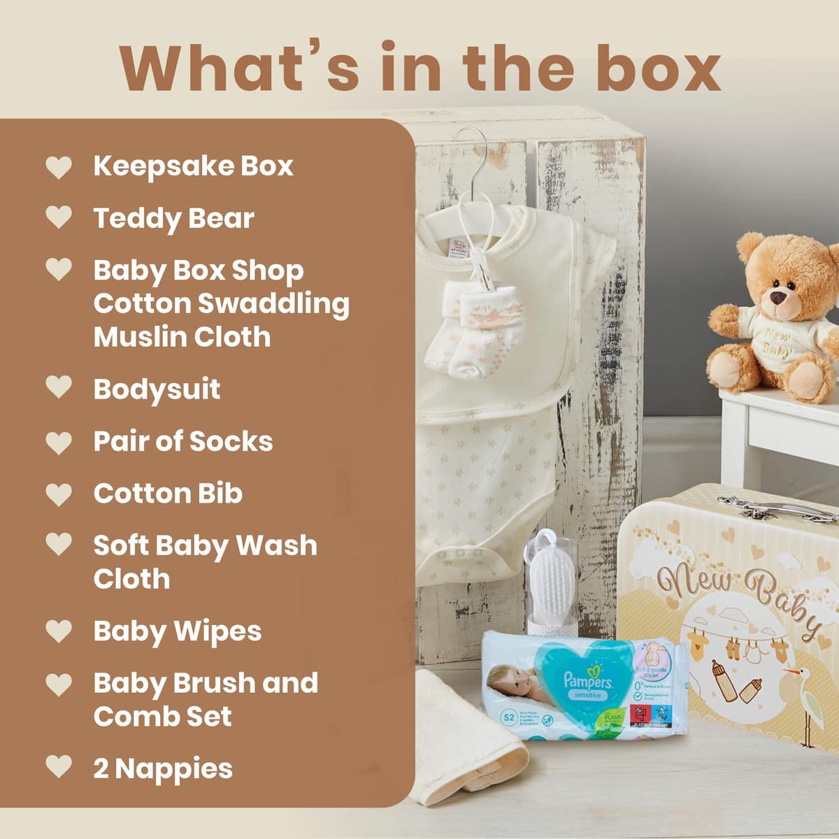 Newborn Baby Basket Briefcase Style - Cream Baby Keepsake Box with Bear, Muslin, Clothes and Other Baby Essentials - Baby Basket for Baby Shower — view 2