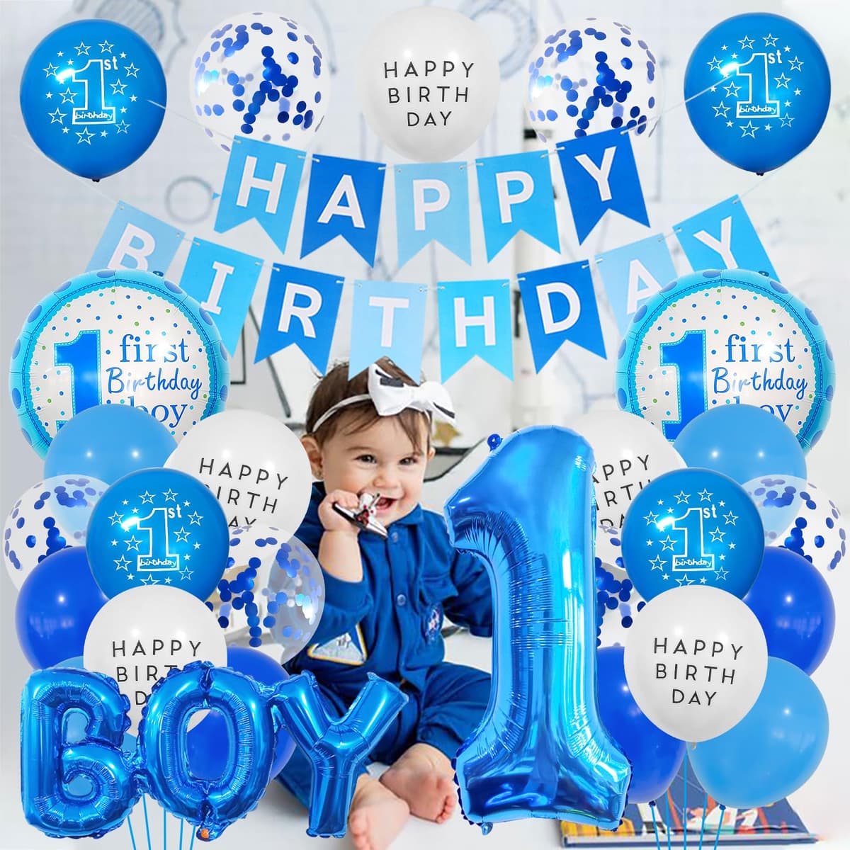 1st Birthday Decorations for Boys – Blue Happy Birthday Banner with Number 1 & BOY Foil Balloons, Confetti Balloons First Party Supplies for Baby 1 Year Old Birthday Party Decor — view 4