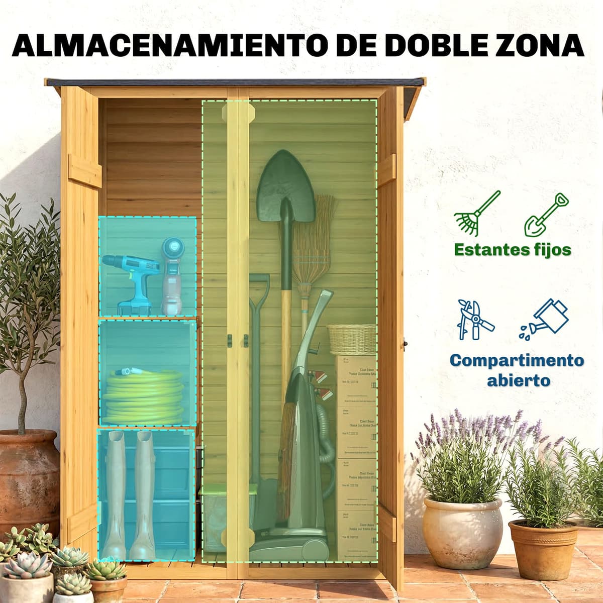 Outsunny Caseta de Jardín de Madera 115x53x156 cm, Cobertizo Jardín Exterior, Armario Exterior para Herramientas con Puertas Dobles con Pestillo, 2 Estantes y Techo Inclinado, Resistente, Marrón — view 3