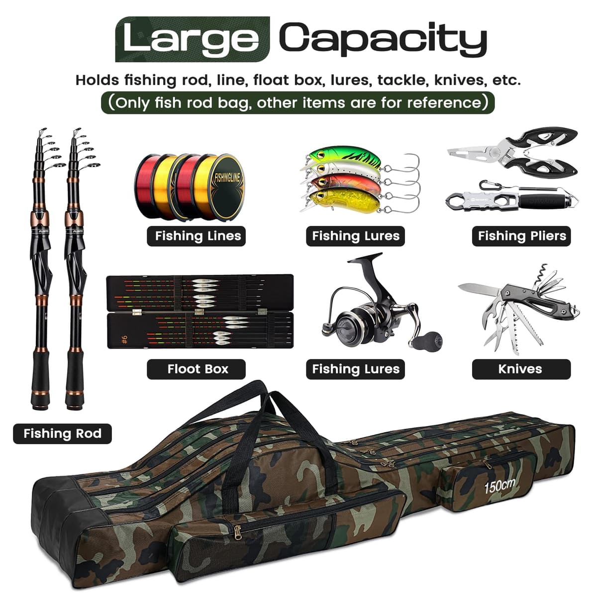 Lomffy Bolsa para Caña de Pescar Portátil, 150cm Plegable Alta Capacidad Bolsa de Almacenamiento para Caña de Pescar con 3 Capas Impermeable Duradero Bolsa de Transporte para Caña de Pescar (Marrón) — view 3
