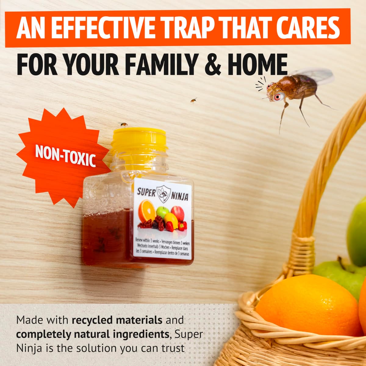 Super Ninja Fruit Fly Trap - 2 pack, Highly Effective Fruit Fly Killer for Home & Kitchen, Up to 3 Weeks of Performance per Bottle, Child & Pet Friendly — view 7