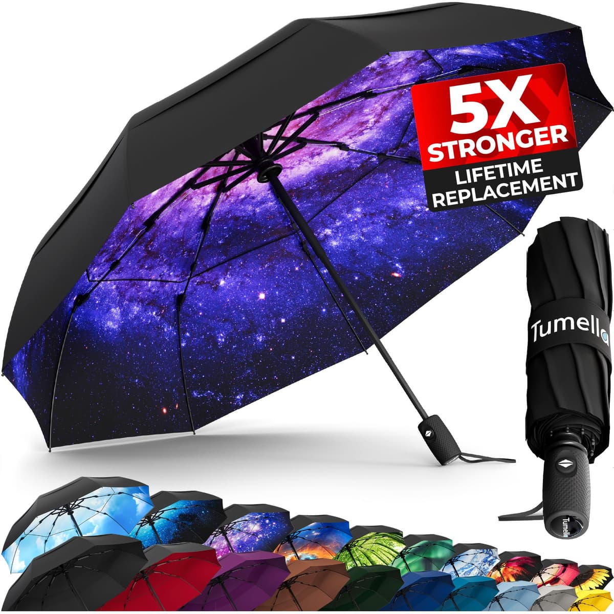TUMELLA Strongest Windproof Travel Umbrella (Compact, Superior & Beautiful), Small Strong but Light Portable and Automatic Folding Rain Umbrella, Durable Premium Grip, Fits Car & Backpack Black — view 18