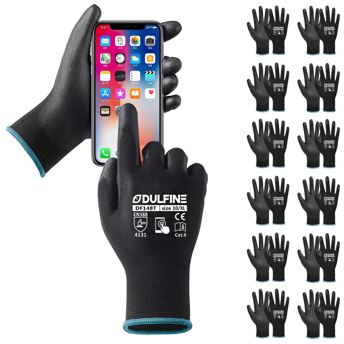 DULFINE Ultra-Thin PU Coated Work Gloves-12 Pairs,Excellent Grip,Nylon Shell Black Polyurethane Coated Safety Work Gloves, Knit Wrist Cuff,Ideal for Light Duty Work. (X-Small) — view 23