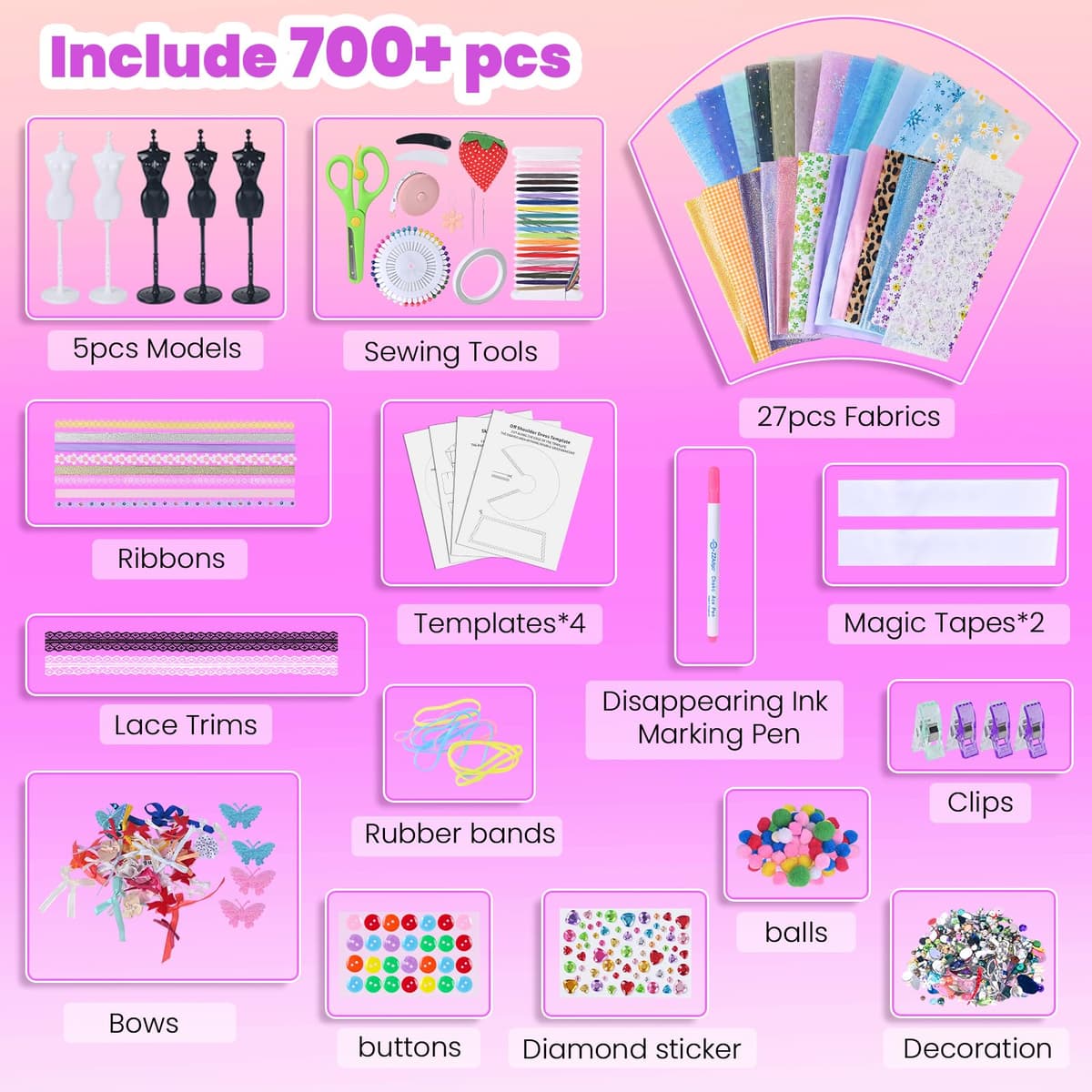 700+Pcs Fashion Designer Kit for Girls - Sewing Kit Arts and Crafts Set for Kids Ages 8-12 with 5 Mannequins & Instruction DIY Doll Clothes Making Learn to Sew Toys for Girls Christmas Birthday Gift — view 3