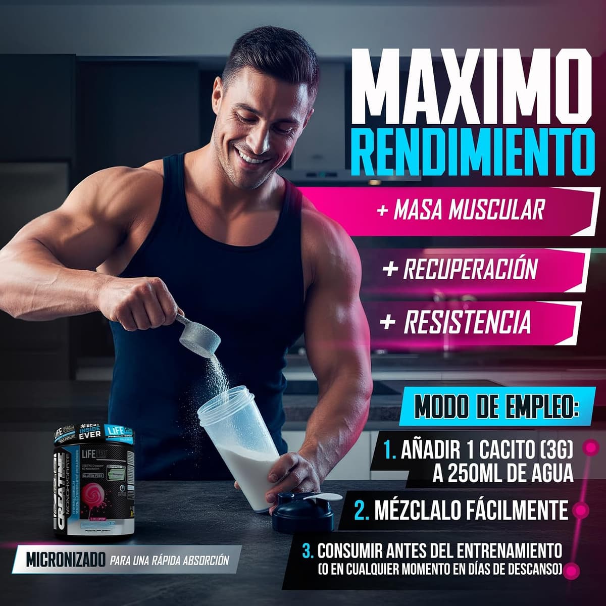Creapure Life Pro Creatine Monohydrate – Pure Micronised Creatine, Up to 83 Shots – Gluten Free, for Strength, Energy and Mus — view 3