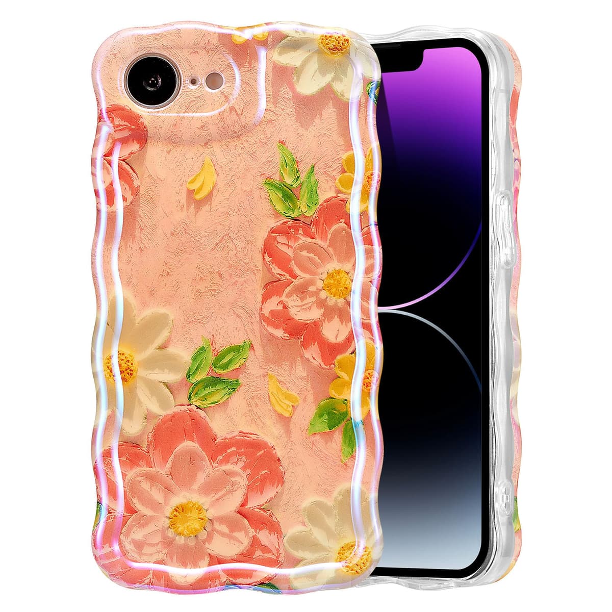EYZUTAK Case for iPhone 16, Colorful Retro Oil Painting Printed Flower Laser Glossy Pattern Cute Curly Wave Edge Exquisite Phone Cover Stylish Durable TPU Protective Case for Girl Women-Green — view 102