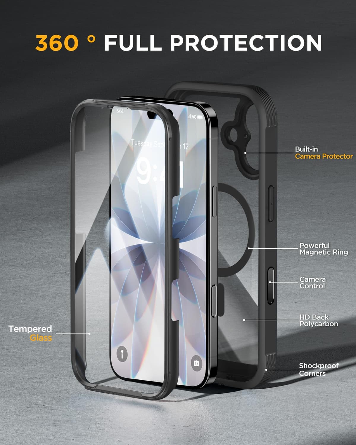 Miracase Magnetic Case for iPhone 17 Case, [Bubble Free] Built-in Glass Screen Protector+ [New Camera Control Button], Full Body Bumper Compatible with MagSafe, Drop Proof 17 Cover,6.3-inch (Black) — view 3