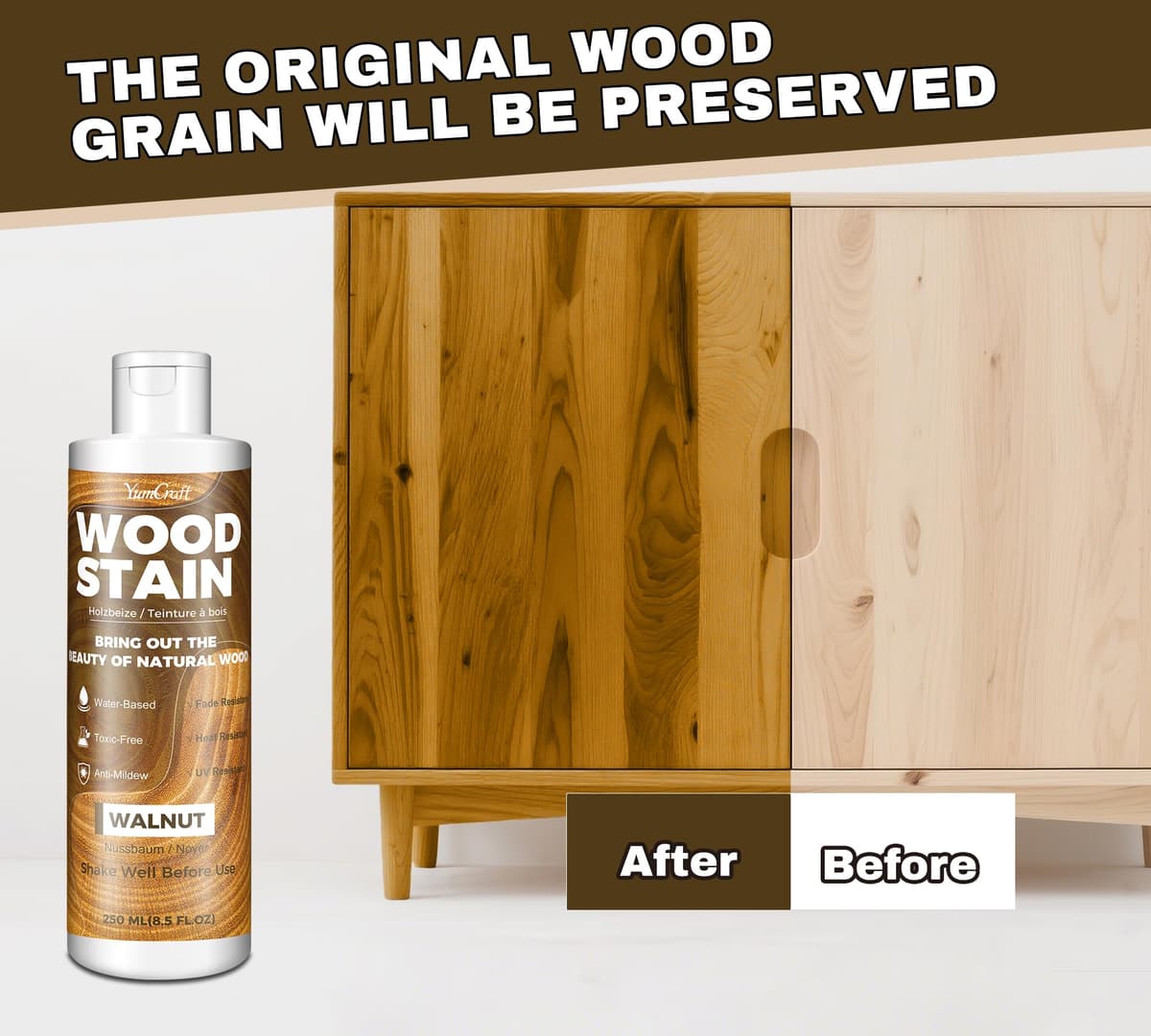 Tinte Para Madera 250ml Nogal, Barniz para Madera a Base de Agua, para Muebles Interior Exterior, Armarios, Gabinetes, Estantes y Puertas, Secado Rápido, Bajo Olor y No Tóxico — view 2