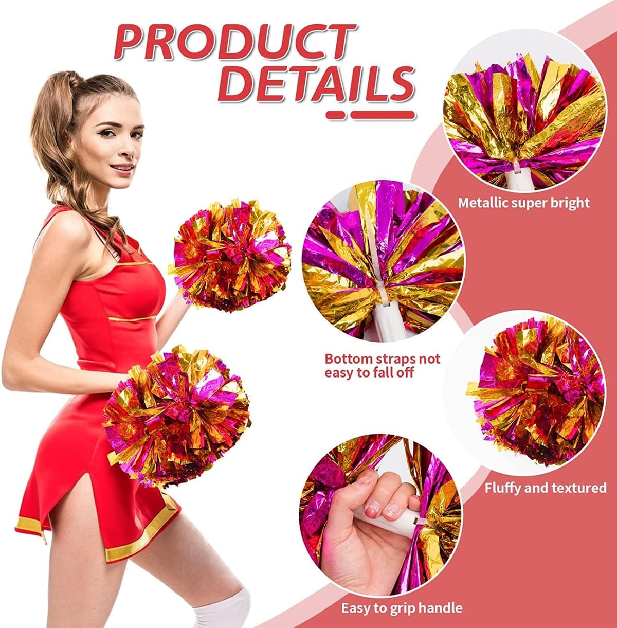 Pompones Animadora Pompones Metallic Cheers Pompones de Porristas 2 Piezas Pompones Deportivos Cheerleading Pompom Dance Pompom Sports Game Team Spirit Accesorios Porristas Pom — view 5
