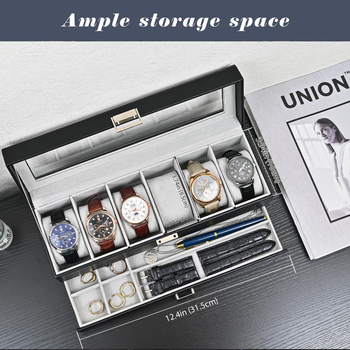 ProCase Caja de Relojes de 6 Ranuras con Cajón, Funda Organizadora de Reloj de 2 capas con Tapa de Cristal, Estuche de Almacenamiento para Hombres y Mujeres -Negro — view 2