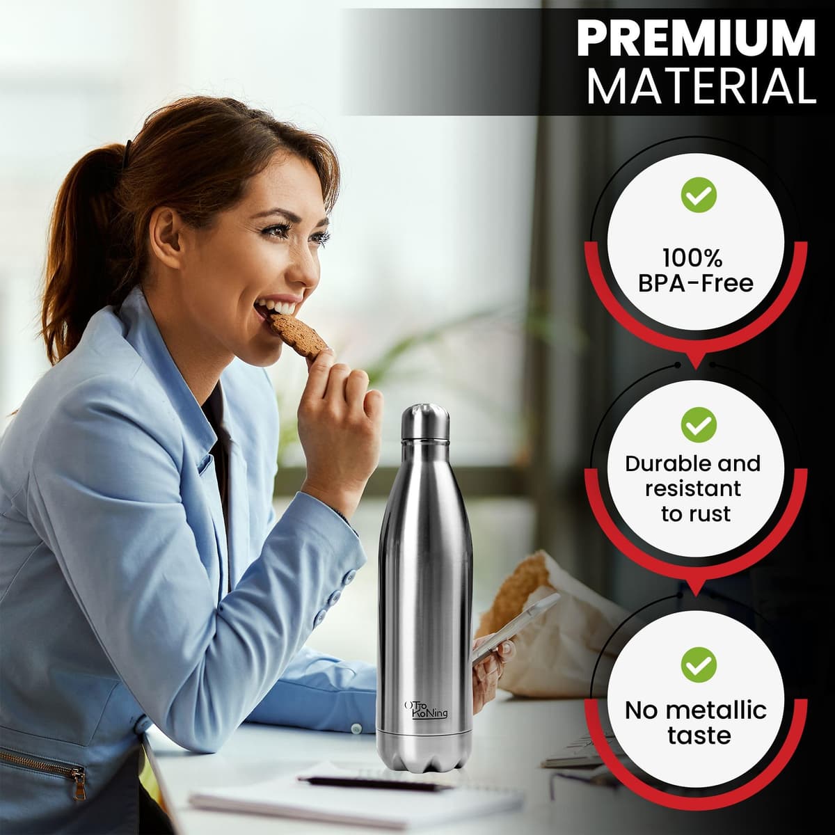 Water Bottle Otto Koning 1L - 1 Litre Stainless Steel Vacuum Insulated Flask - Keeps Cold 24h / Hot 12h - Large Leak Proof & BPA Free Metal Drinks Bottle for Gym, Hiking & Sports — view 6