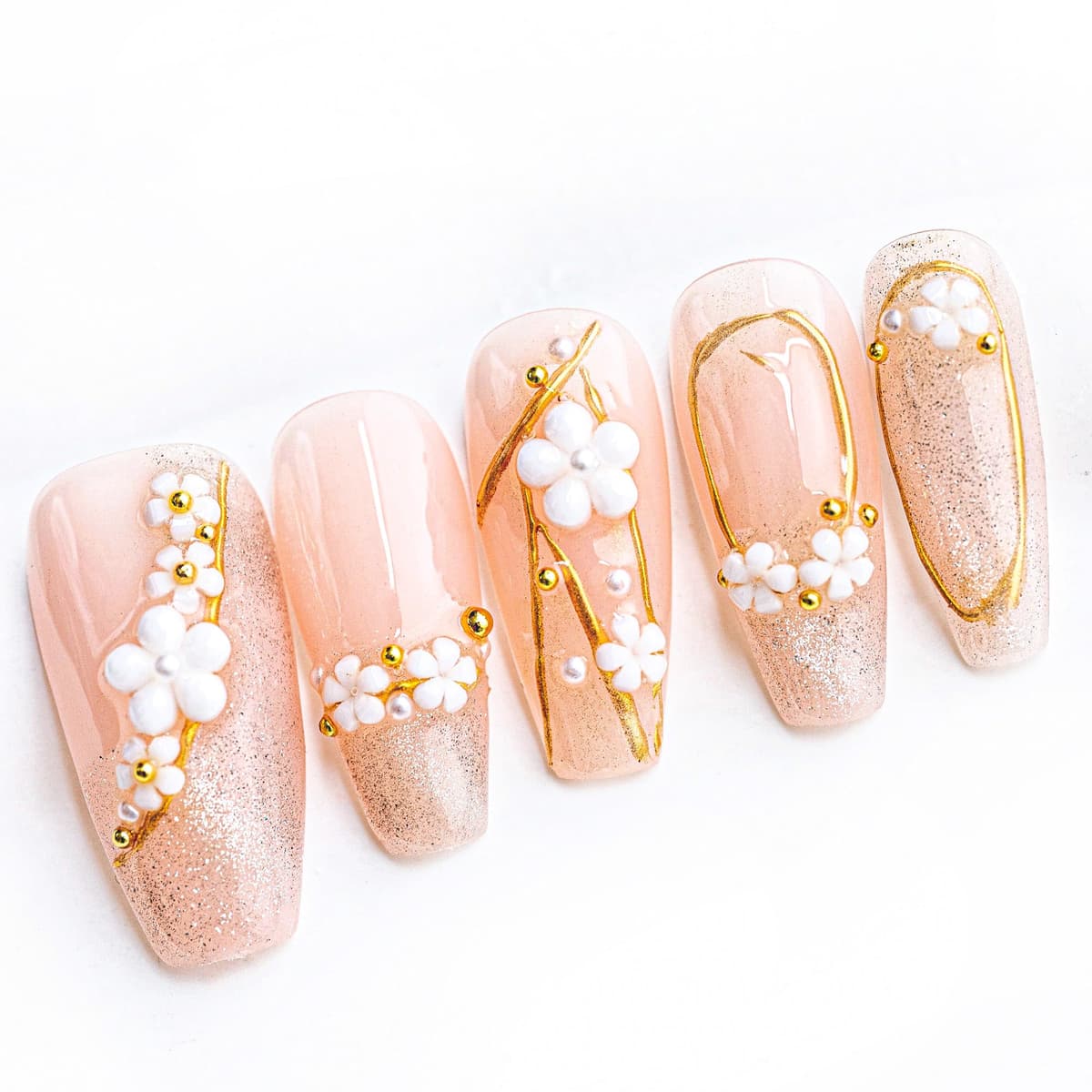 Sun&Beam Nails Handmade Press On Nail Long Coffin Ballerina Pink Flower Acrylic Fake Tip 3D Design Art Charms Cute with Storage Box 10 Pcs (S) — view 371