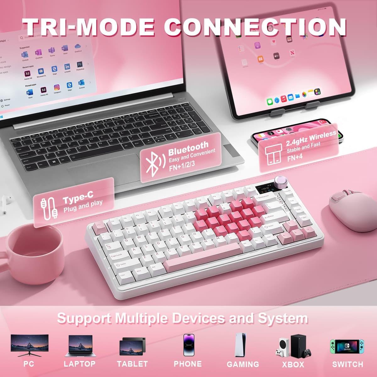 YUNZII B75 Pro MAX Teclado Mecánico Inalámbrico, Diseño 75% con Pantalla TFT y Control Giratorio, Hot Swap, QMK/Via, RGB, BT/USB-C/2,4G para Win/Mac (Corazón Blanco, Milk V2 Switch) — view 3