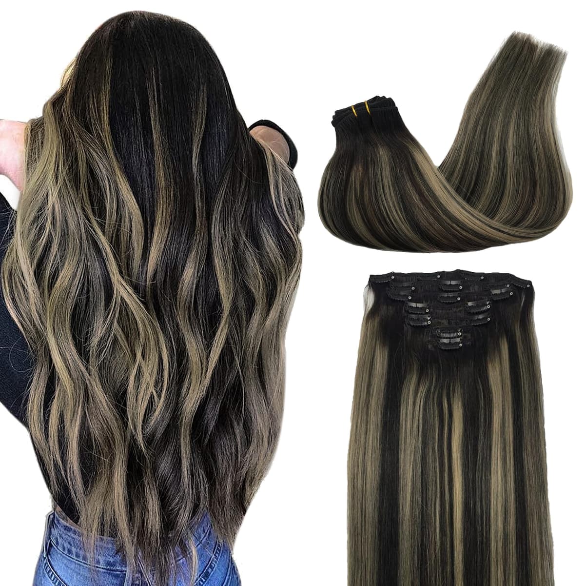 GOO GOO Clip in Hair Extensions Human Hair, 18inch 150g 9Pcs, #2 Dark Brown, Hair extensions for women, Human Hair Extensions Clip in — view 225