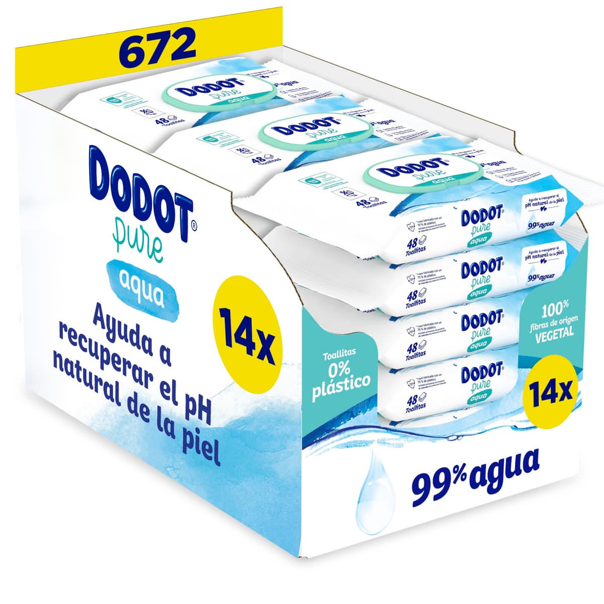 Dodot Toallitas Pure Aqua Para Bebé, 672 Toallitas (14 Pack De 48 Unidades), Ayuda A Restaurar El PH Natural De La Piel, 99% Agua, Sin plástico