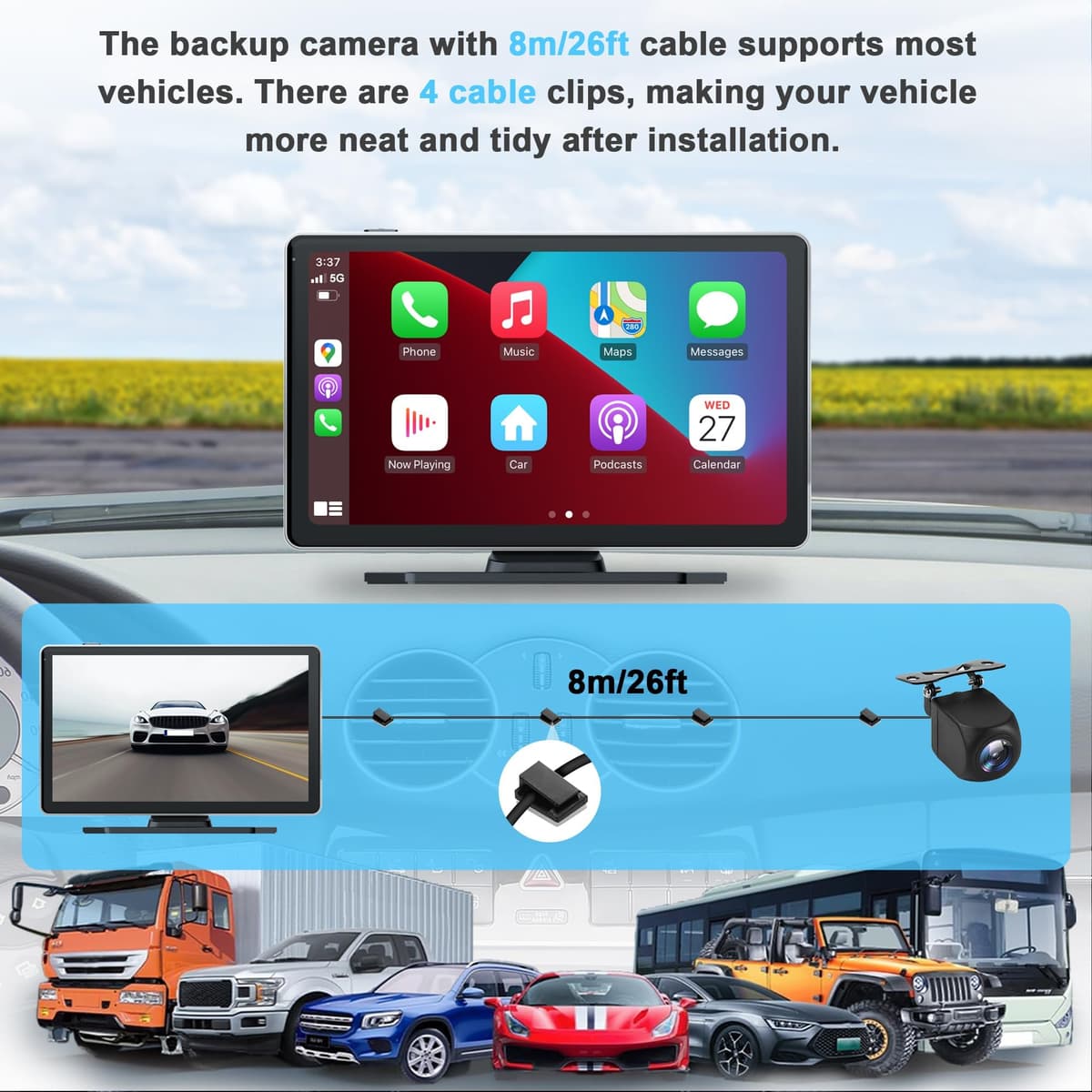 9 Inch Car Stereo with Apple Car Play & Android Auto,Portable Touch Screen Car Player Wireless Car Play Screen with Voice Control, with 4K Front+Rear 1080P Dual Camera Dash Cam (9 Inch+2 Camera) — view 3